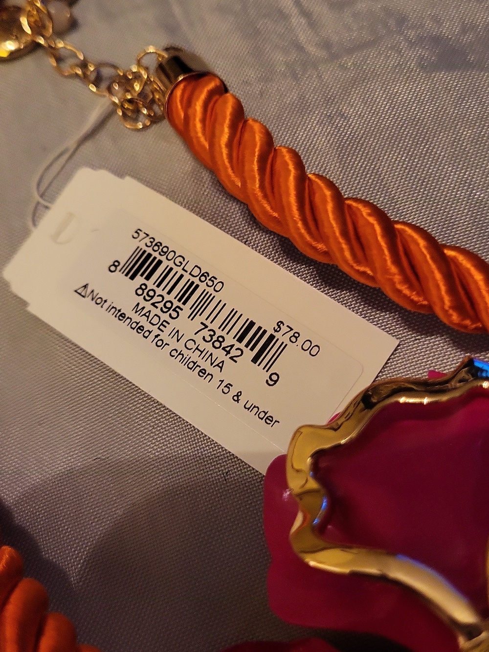 Betsey Johnson Pink Flower Statement Necklace with Orange Rope Bnwt HL - Picture 6 of 7